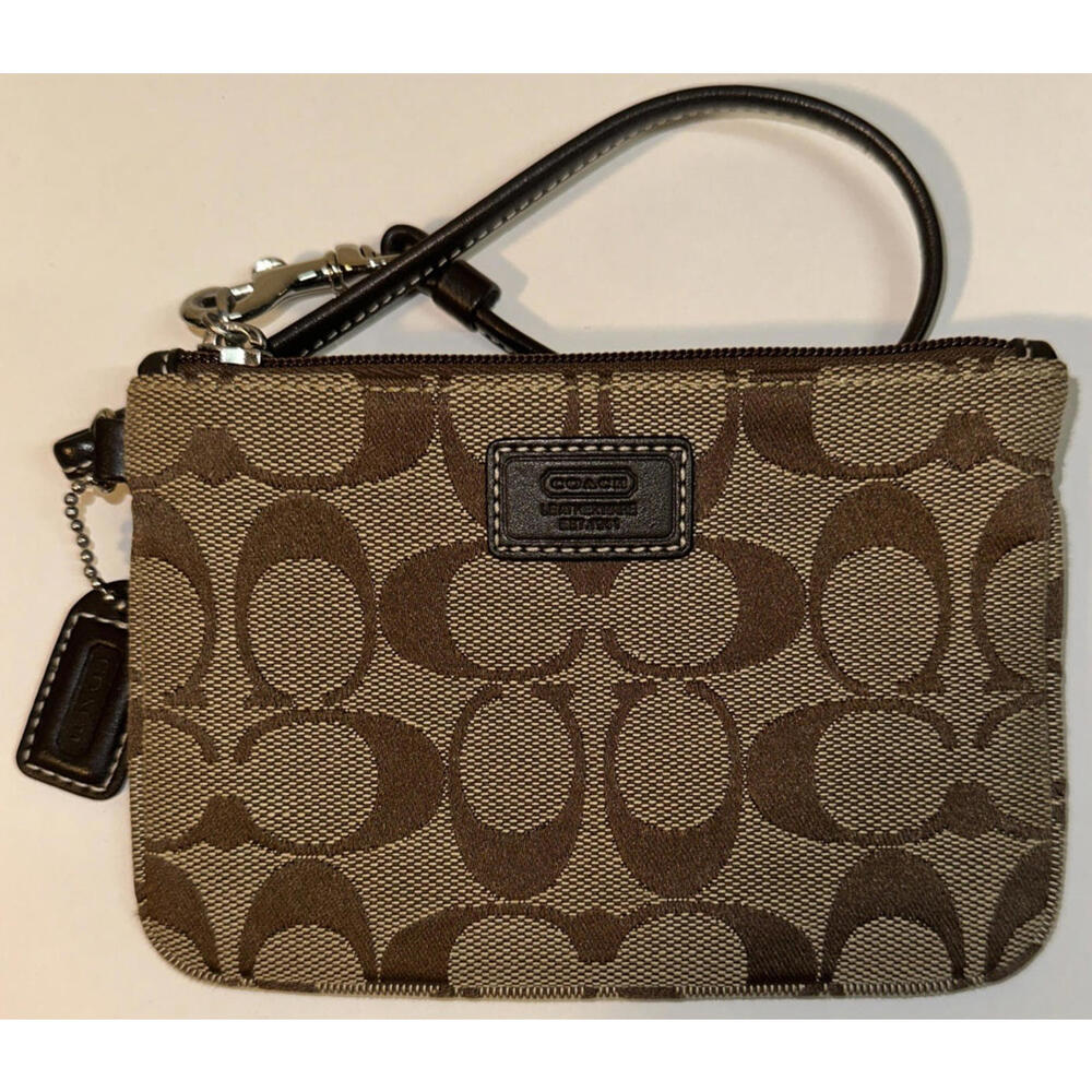 Coach Wristlet Brown Khaki Signature Top Zip Wallet Pouch w/ Hang Tag